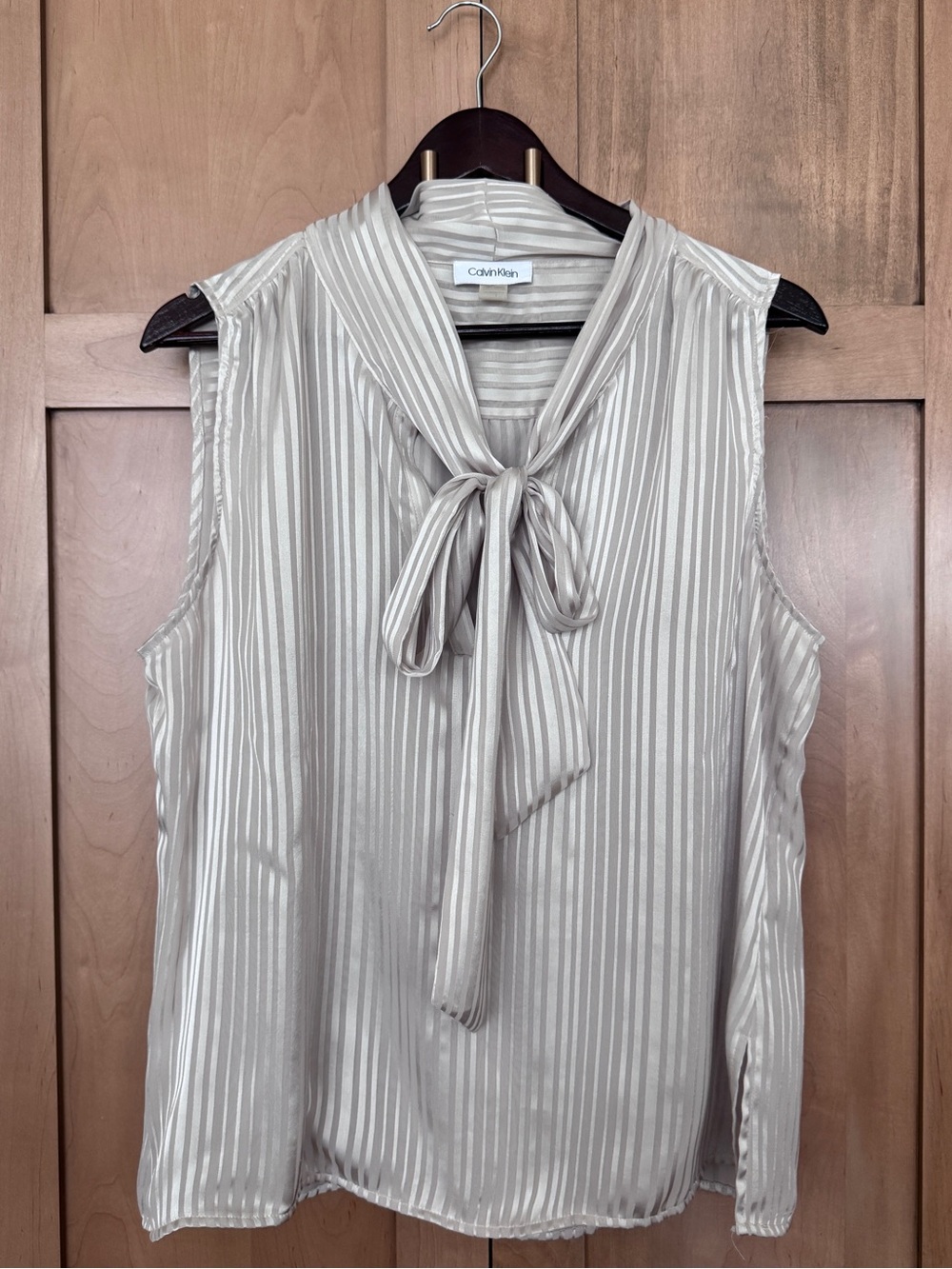Calvin Klein Cream-Striped Satin Tie-Neck Sleeveless Camisole